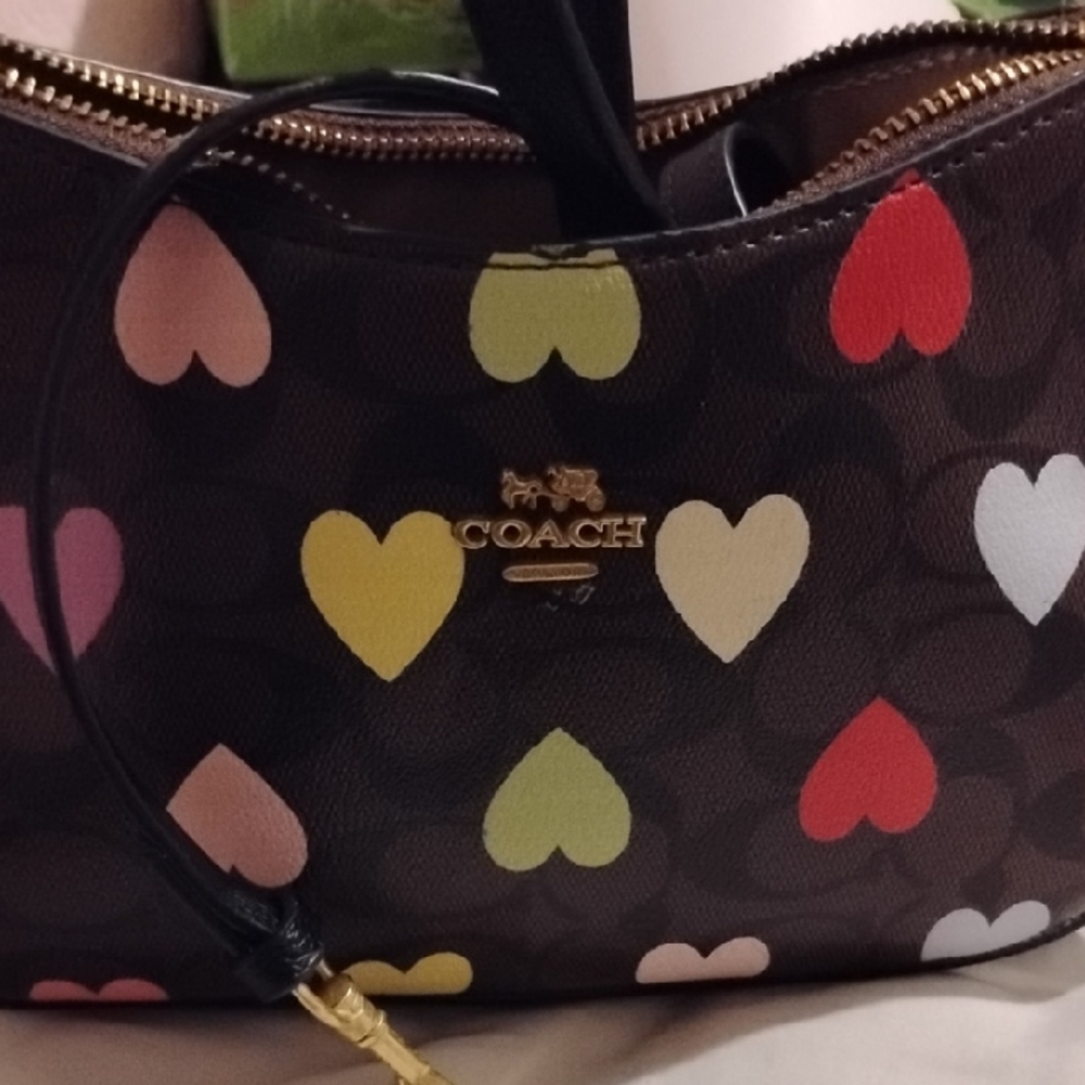 Coach Brown Shoulder Bag with Multicolor Heart Design